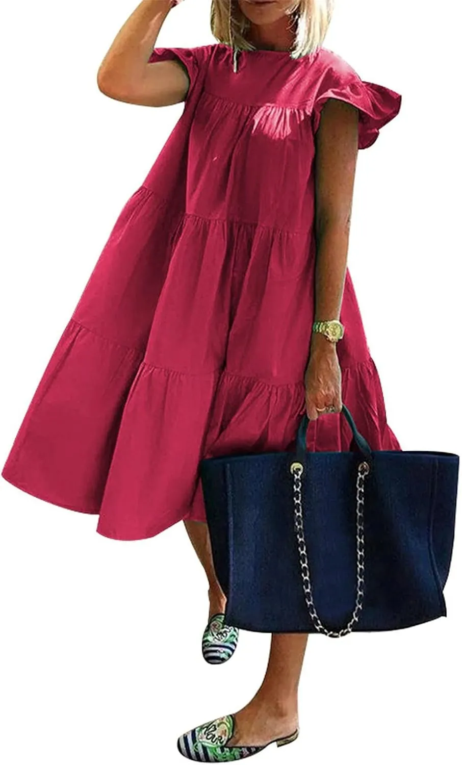 Women's Boho Summer Dress Loose Dress Swing Solid Color Short Sleeve Dresses 2024 Casual, S-5XL