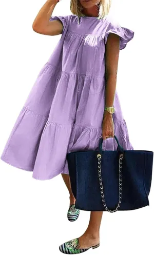Women's Boho Summer Dress Loose Dress Swing Solid Color Short Sleeve Dresses 2024 Casual, S-5XL