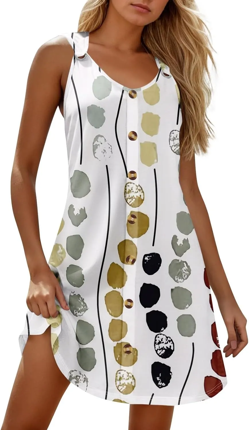 Women's Casual Bohemian Dresses Floral Print Evening Wear Sleeveless Beach Sundress Adjustable Button Clubwear Dress