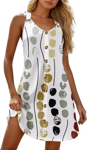 Women's Casual Bohemian Dresses Floral Print Evening Wear Sleeveless Beach Sundress Adjustable Button Clubwear Dress