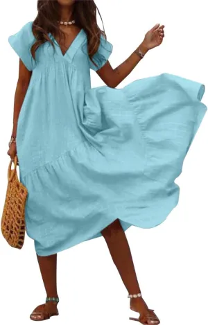 Women's Casual Dresses Gauze Dress for Women Womens Gauze Dress Midi Plus Size Boho Summer Casual Midi Dresses for Women 2024 Cotton,Teal,S