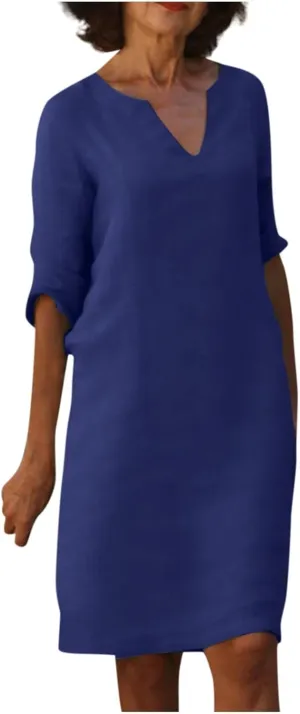 Women's Casual Dresses Summer Vintage Solid Color Print Cotton Linen Dress Fashion Casual V-Neck Half Sleeve Dress