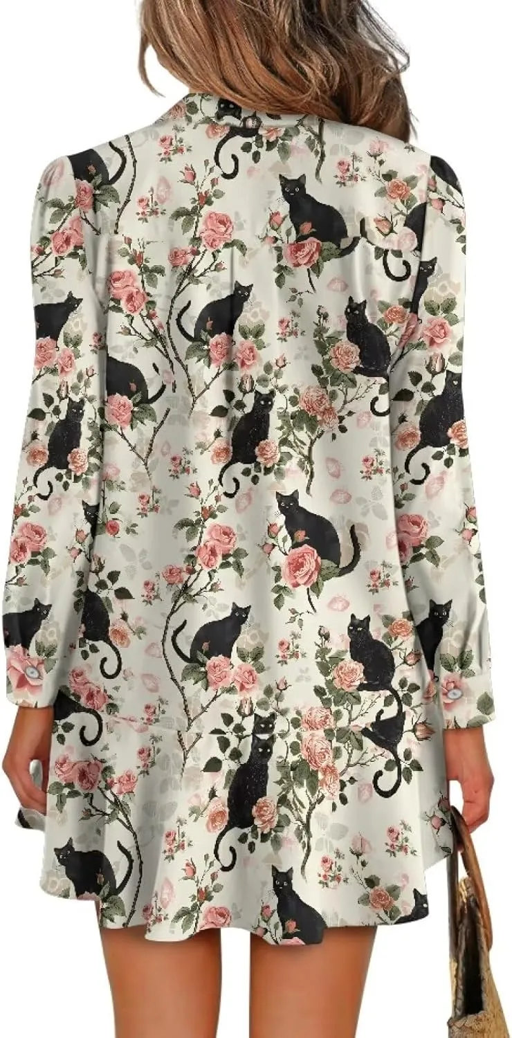 Womens Casual Fall Dress T Shirt Dresses Long Sleeve Loose Button Down Flowy Ruffle Hem Dress with Pockets