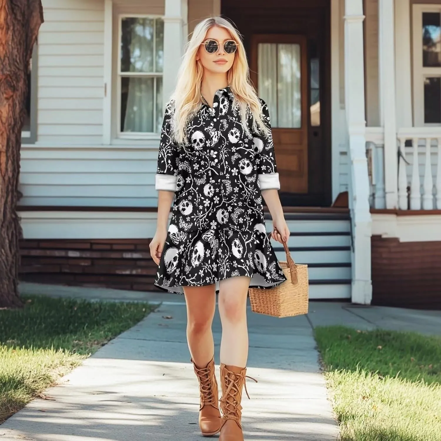 Womens Casual Fall Dress T Shirt Dresses Long Sleeve Loose Button Down Flowy Ruffle Hem Dress with Pockets