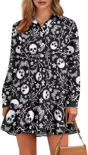 Womens Casual Fall Dress T Shirt Dresses Long Sleeve Loose Button Down Flowy Ruffle Hem Dress with Pockets