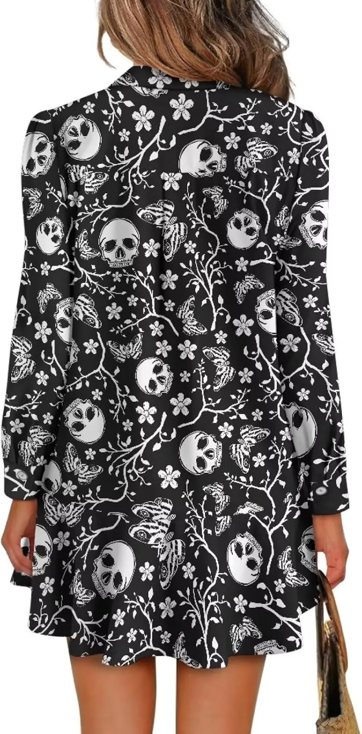 Womens Casual Fall Dress T Shirt Dresses Long Sleeve Loose Button Down Flowy Ruffle Hem Dress with Pockets