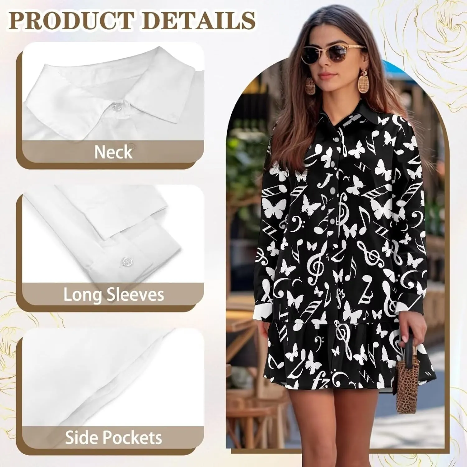 Womens Casual Fall Dress T Shirt Dresses Long Sleeve Loose Button Down Flowy Ruffle Hem Dress with Pockets