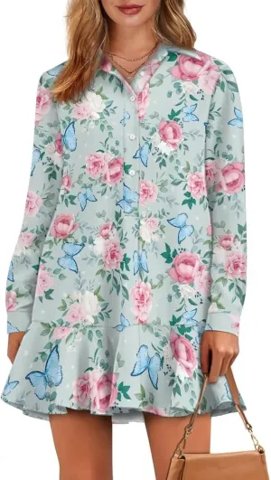 Womens Casual Fall Dress T Shirt Dresses Long Sleeve Loose Button Down Flowy Ruffle Hem Dress with Pockets