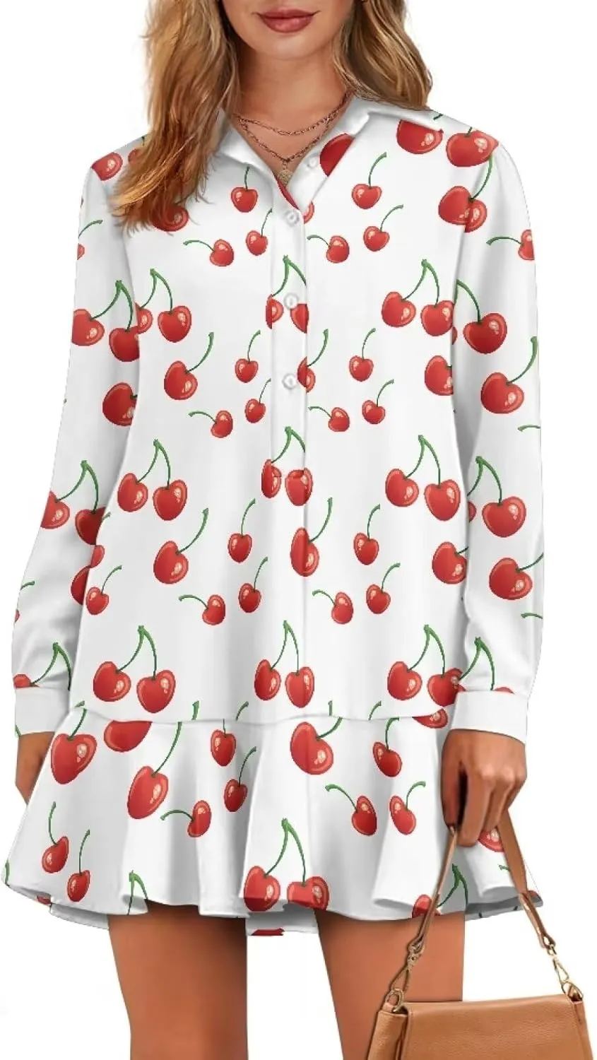 Womens Casual Fall Dress T Shirt Dresses Long Sleeve Loose Button Down Flowy Ruffle Hem Dress with Pockets