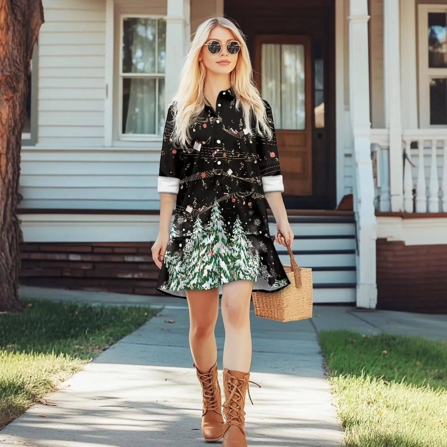 Womens Casual Fall Dress T Shirt Dresses Long Sleeve Loose Button Down Flowy Ruffle Hem Dress with Pockets