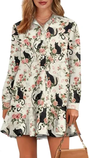 Womens Casual Fall Dress T Shirt Dresses Long Sleeve Loose Button Down Flowy Ruffle Hem Dress with Pockets