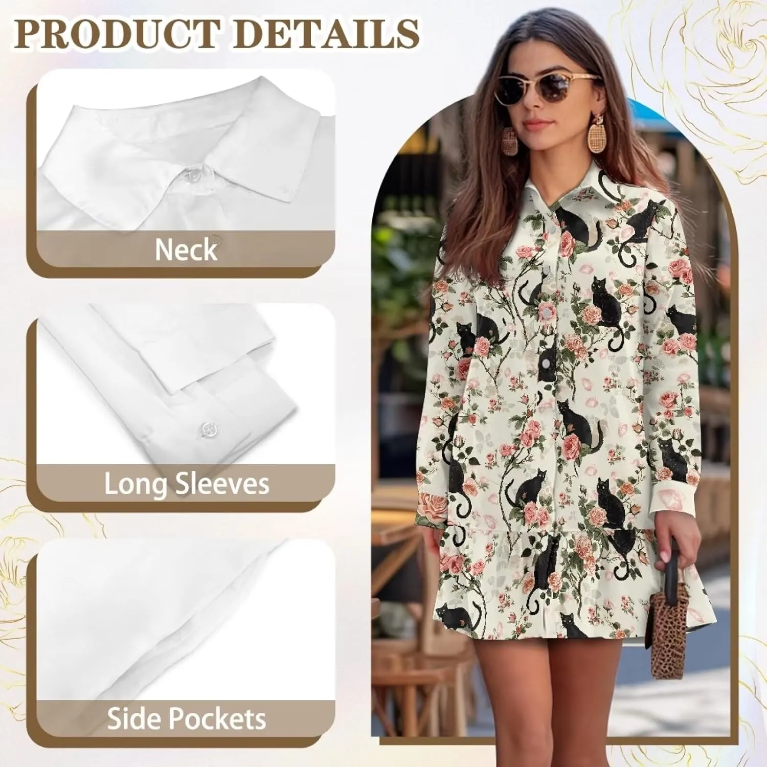 Womens Casual Fall Dress T Shirt Dresses Long Sleeve Loose Button Down Flowy Ruffle Hem Dress with Pockets