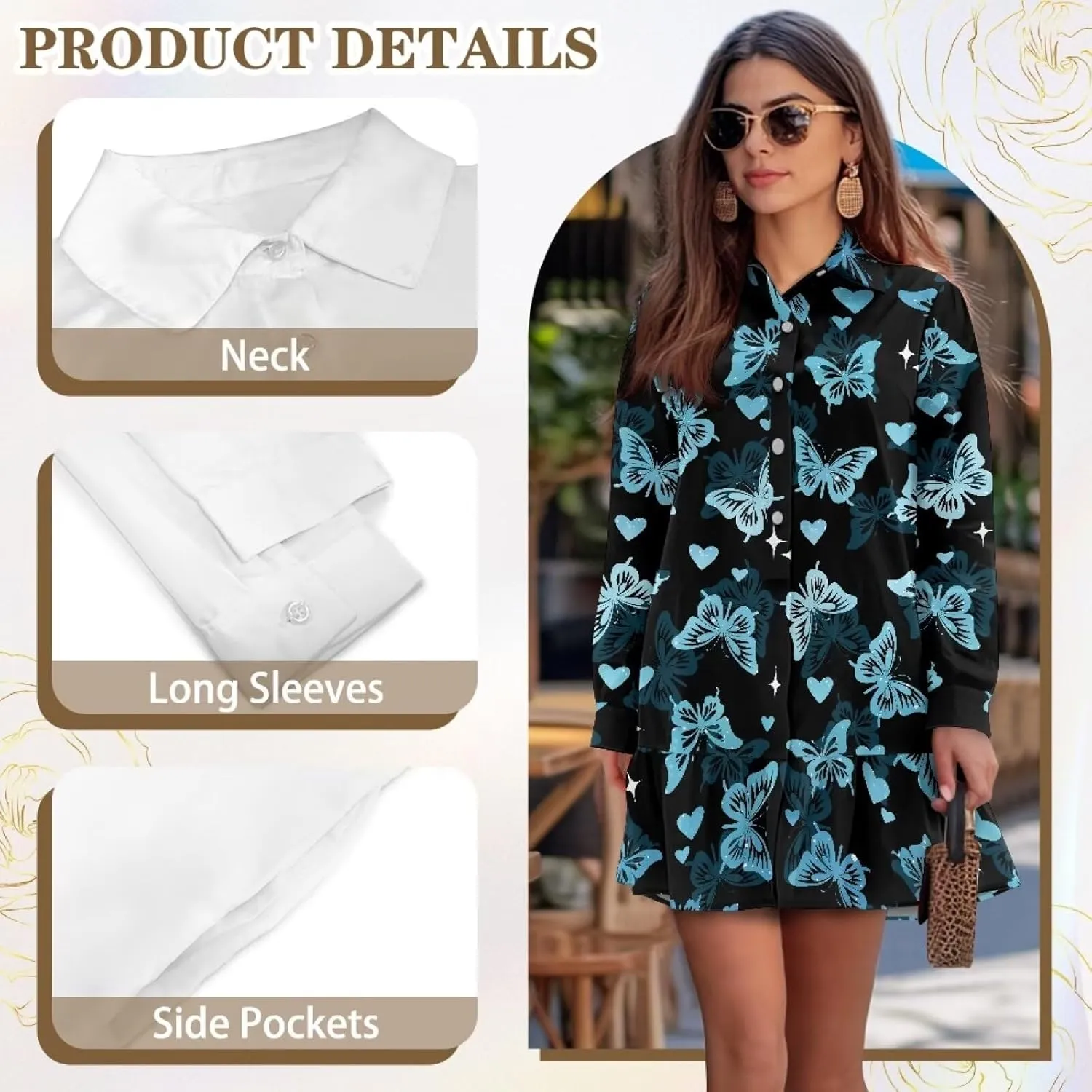 Womens Casual Fall Dress T Shirt Dresses Long Sleeve Loose Button Down Flowy Ruffle Hem Dress with Pockets