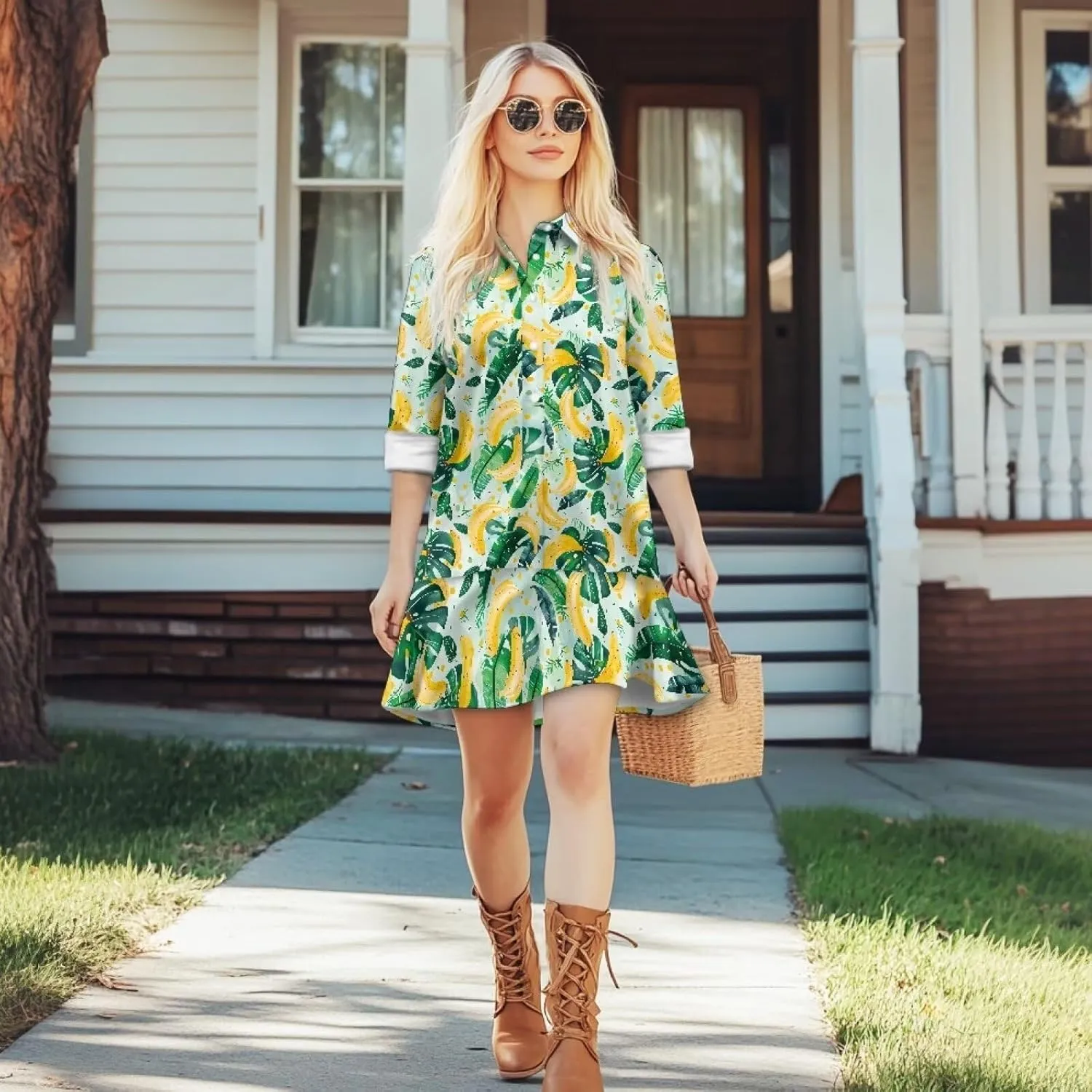 Womens Casual Fall Dress T Shirt Dresses Long Sleeve Loose Button Down Flowy Ruffle Hem Dress with Pockets