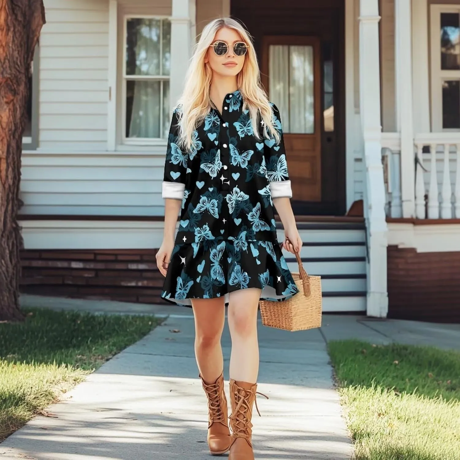 Womens Casual Fall Dress T Shirt Dresses Long Sleeve Loose Button Down Flowy Ruffle Hem Dress with Pockets