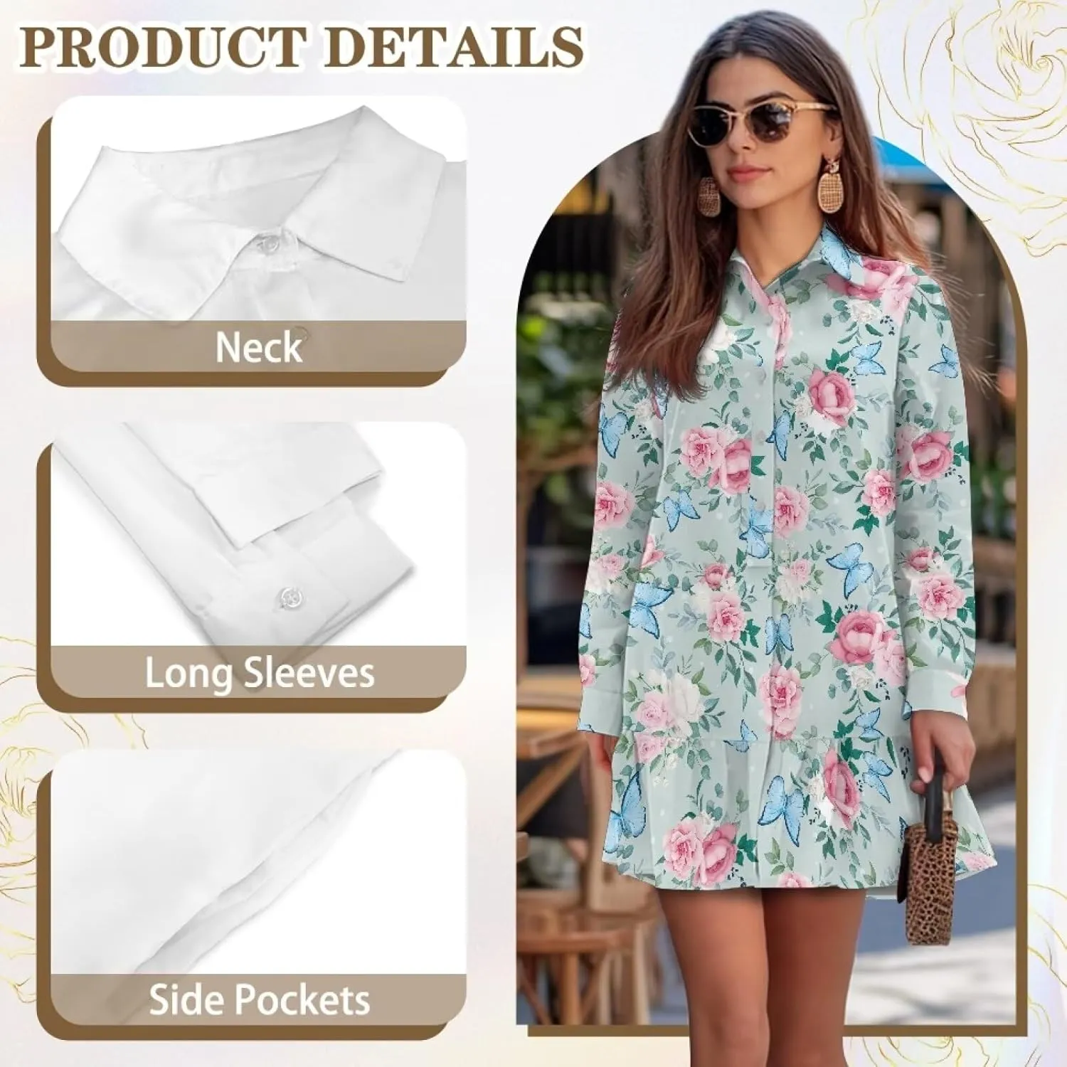 Womens Casual Fall Dress T Shirt Dresses Long Sleeve Loose Button Down Flowy Ruffle Hem Dress with Pockets