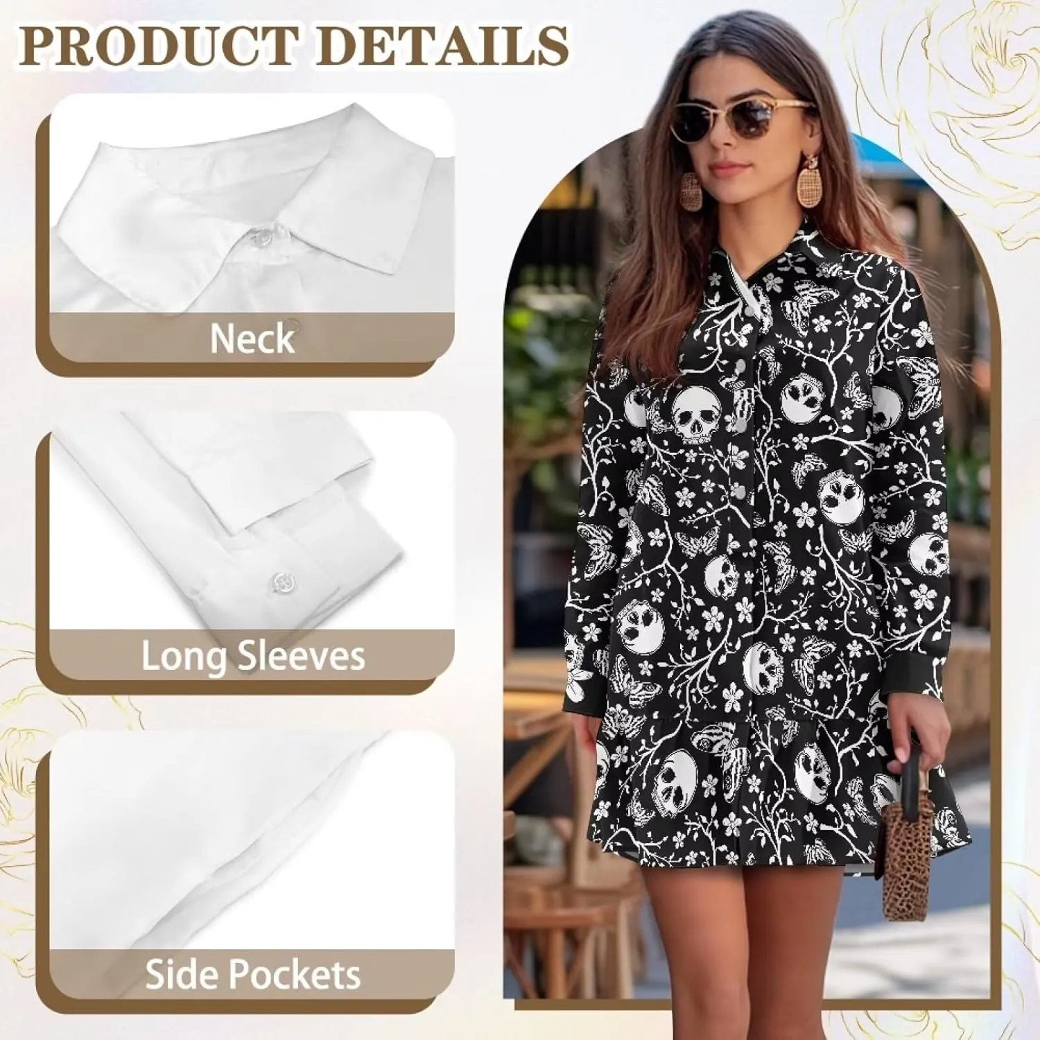 Womens Casual Fall Dress T Shirt Dresses Long Sleeve Loose Button Down Flowy Ruffle Hem Dress with Pockets
