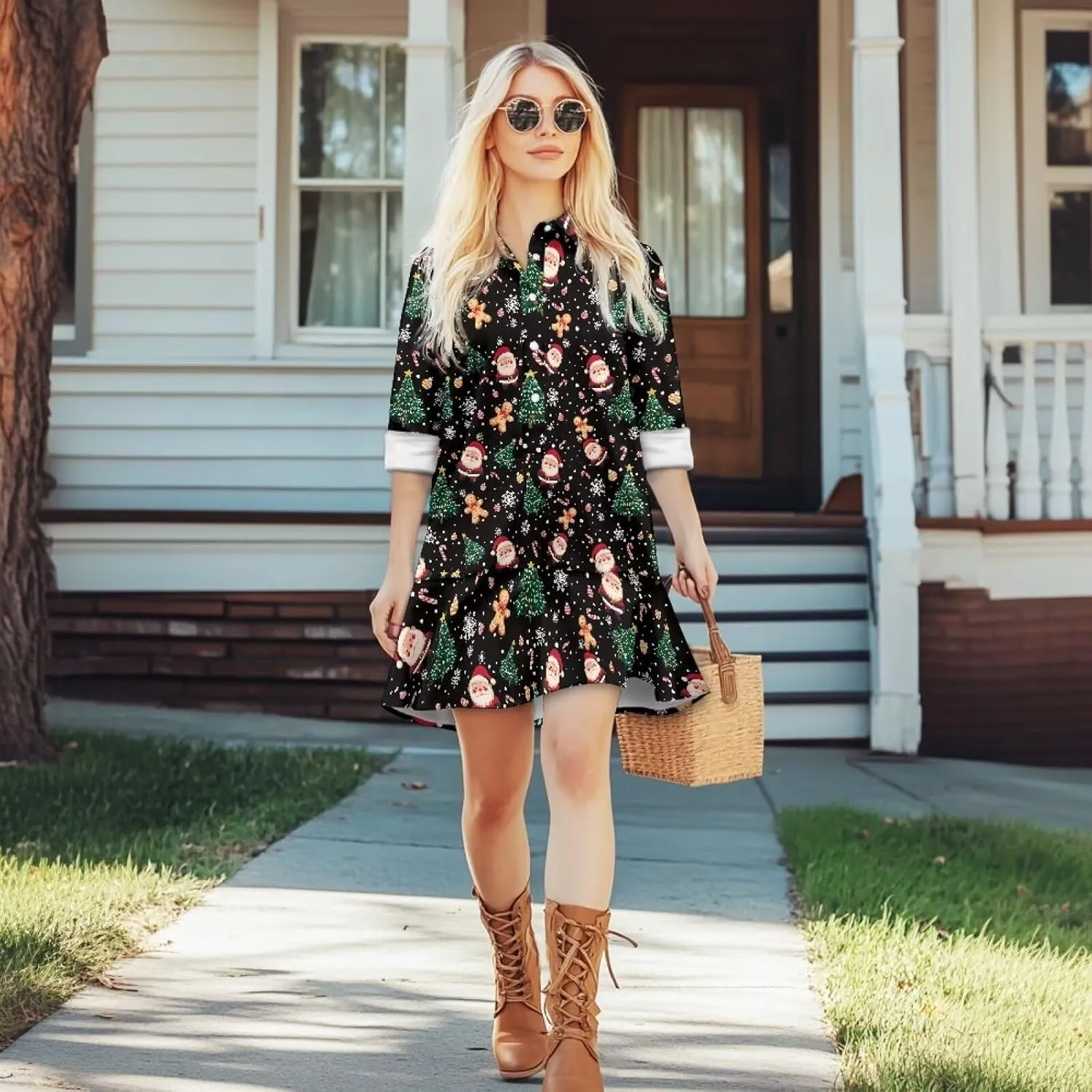 Womens Casual Fall Dress T Shirt Dresses Long Sleeve Loose Button Down Flowy Ruffle Hem Dress with Pockets
