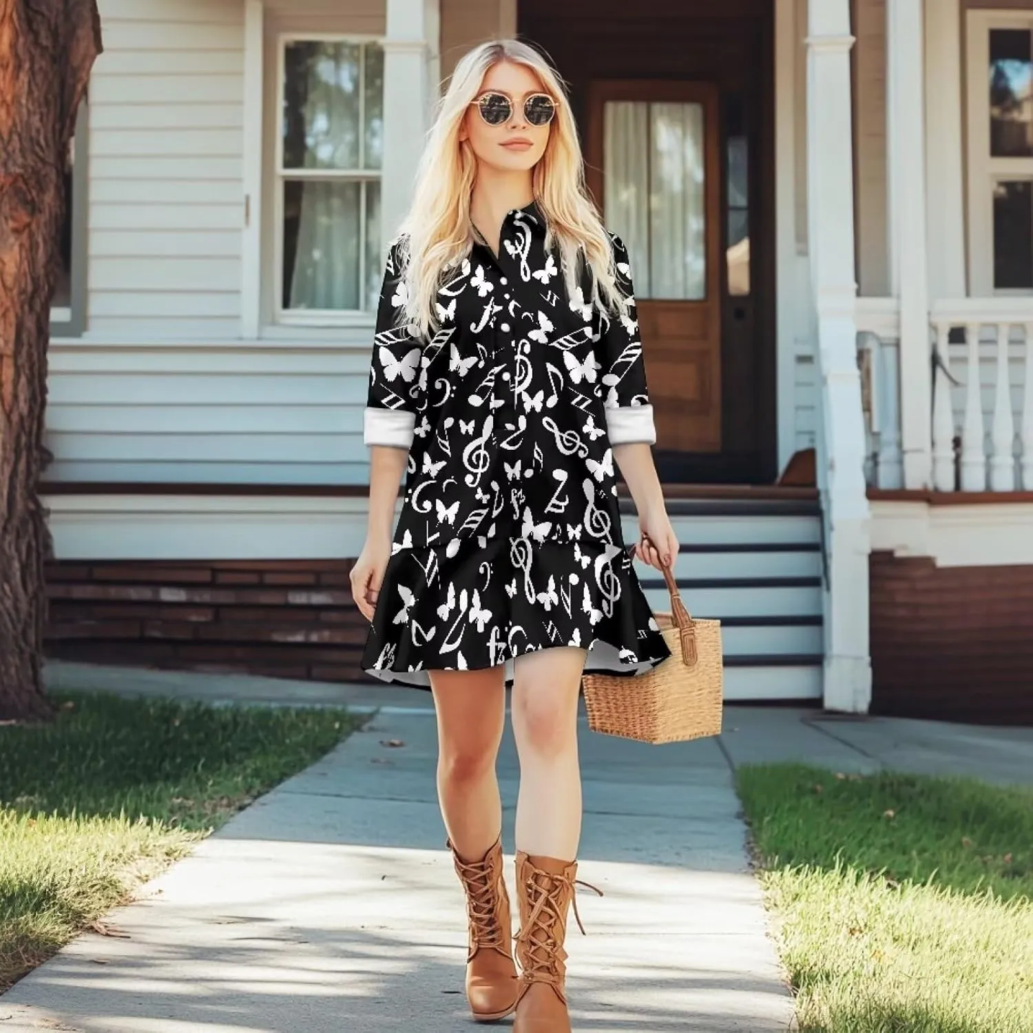 Womens Casual Fall Dress T Shirt Dresses Long Sleeve Loose Button Down Flowy Ruffle Hem Dress with Pockets