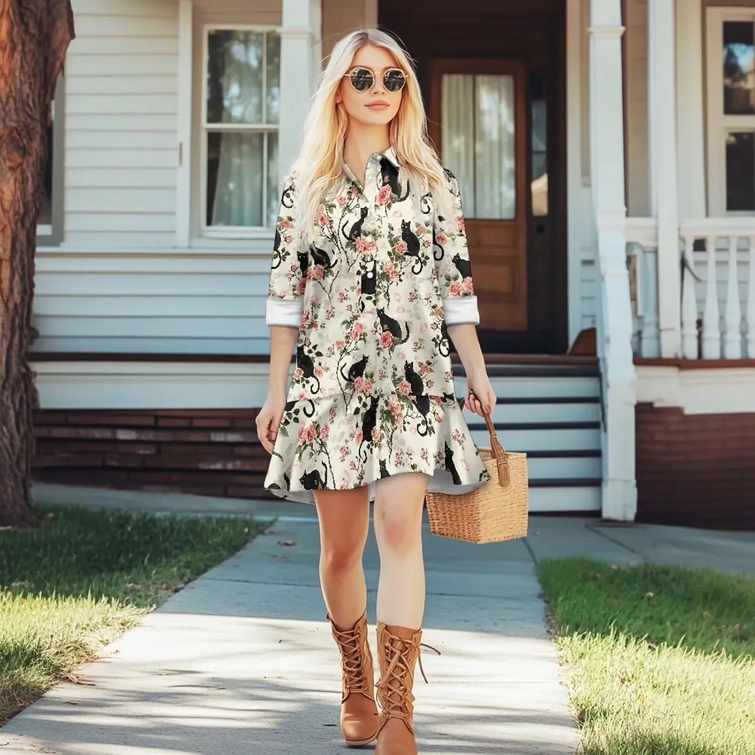 Womens Casual Fall Dress T Shirt Dresses Long Sleeve Loose Button Down Flowy Ruffle Hem Dress with Pockets