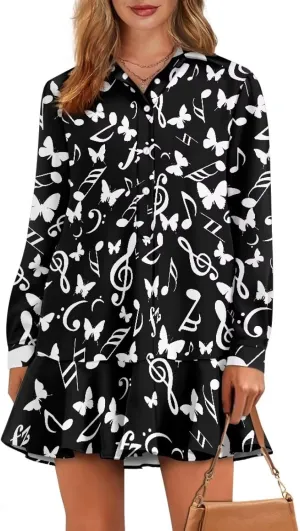 Womens Casual Fall Dress T Shirt Dresses Long Sleeve Loose Button Down Flowy Ruffle Hem Dress with Pockets