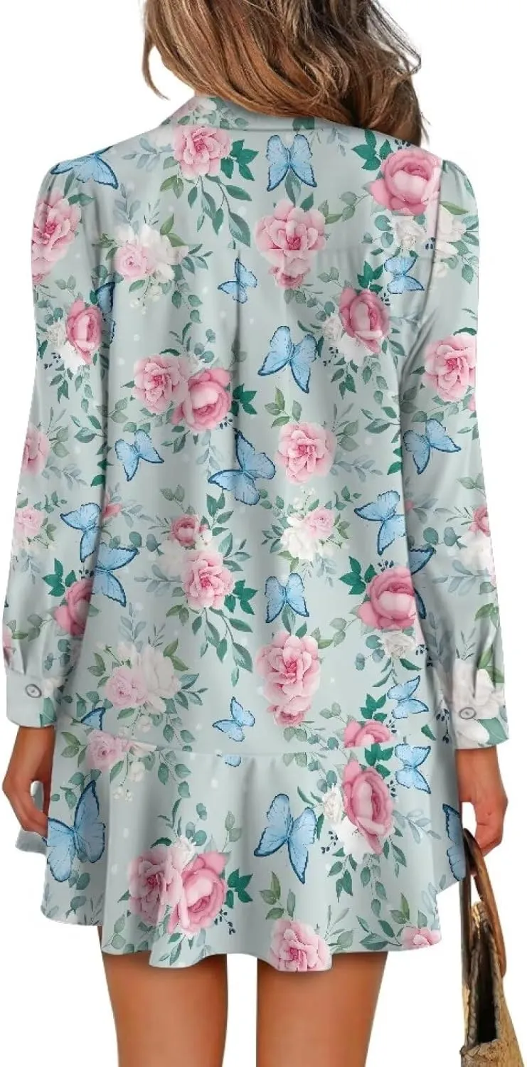 Womens Casual Fall Dress T Shirt Dresses Long Sleeve Loose Button Down Flowy Ruffle Hem Dress with Pockets