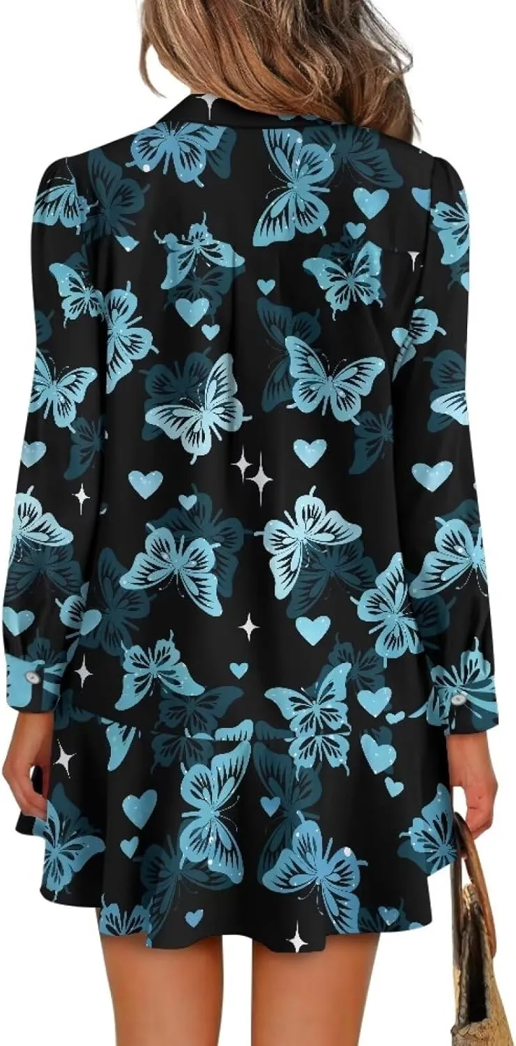 Womens Casual Fall Dress T Shirt Dresses Long Sleeve Loose Button Down Flowy Ruffle Hem Dress with Pockets