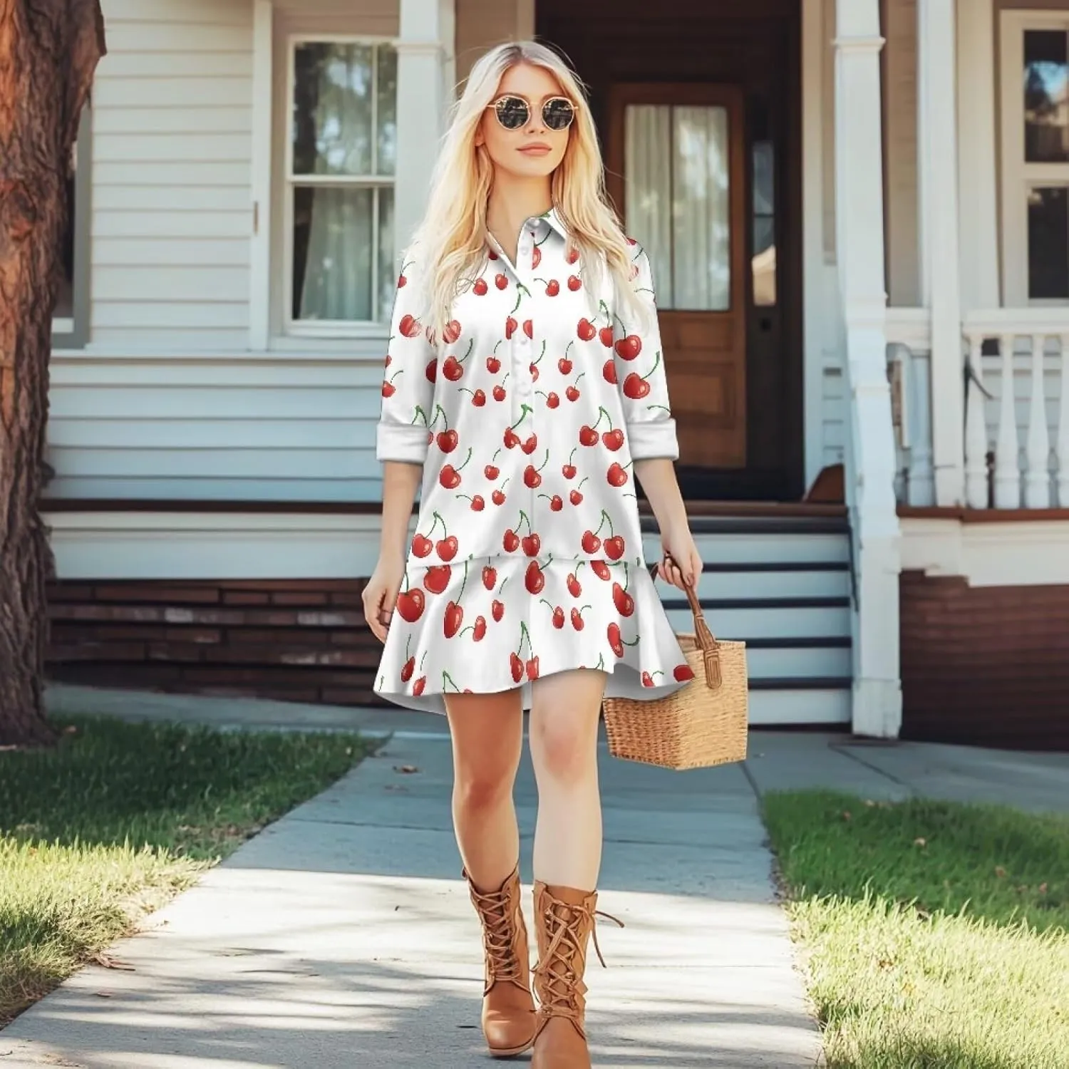 Womens Casual Fall Dress T Shirt Dresses Long Sleeve Loose Button Down Flowy Ruffle Hem Dress with Pockets