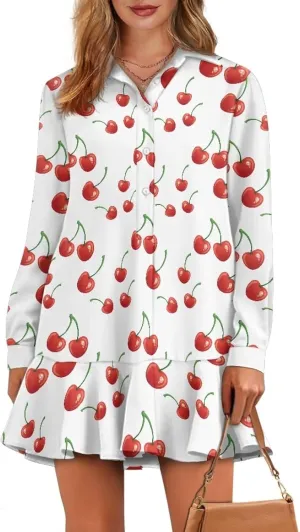 Womens Casual Fall Dress T Shirt Dresses Long Sleeve Loose Button Down Flowy Ruffle Hem Dress with Pockets