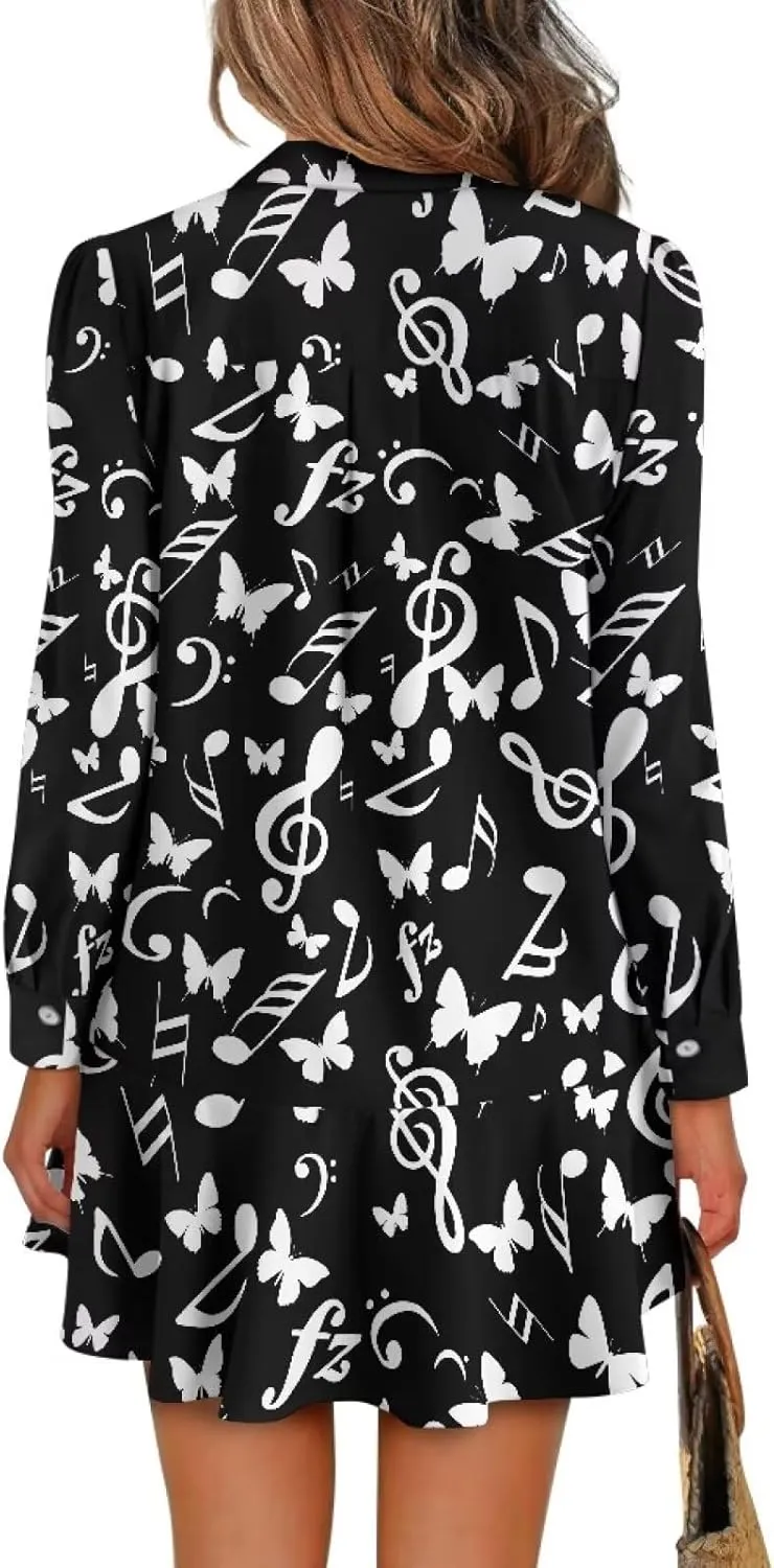 Womens Casual Fall Dress T Shirt Dresses Long Sleeve Loose Button Down Flowy Ruffle Hem Dress with Pockets