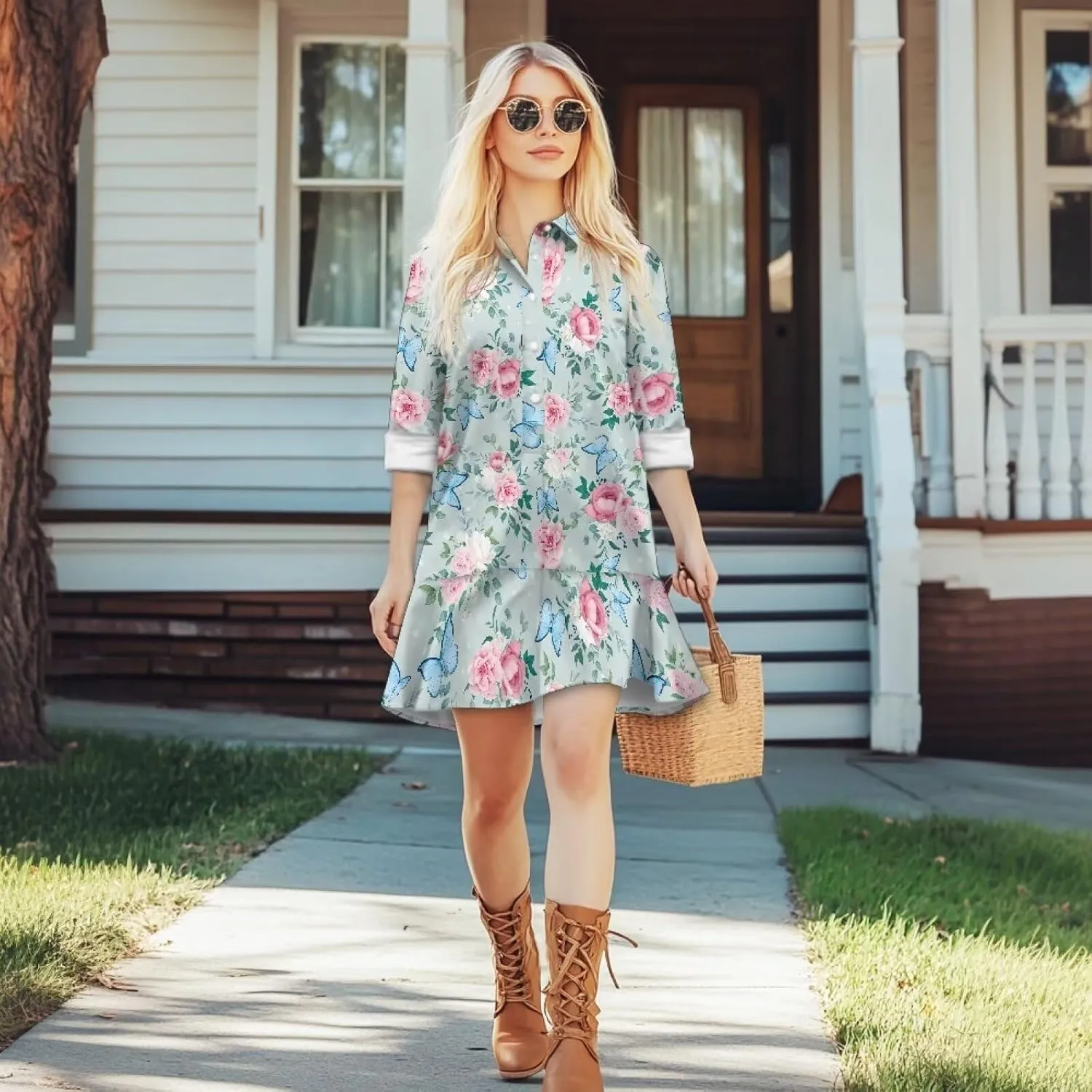 Womens Casual Fall Dress T Shirt Dresses Long Sleeve Loose Button Down Flowy Ruffle Hem Dress with Pockets