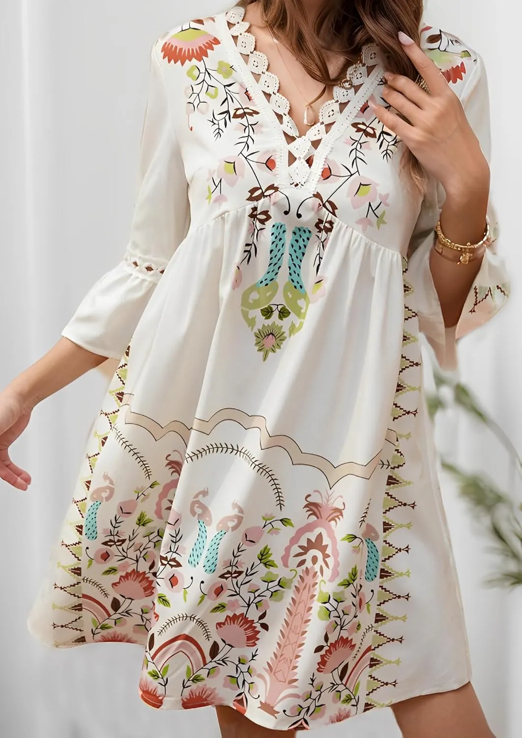 Women's Casual Lace Patchwork V Neck Boho Floral Dress Bell 3/4 Sleeve Loose Tunic Aline Summer Plus Size Midi Dresses