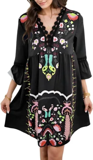 Women's Casual Lace Patchwork V Neck Boho Floral Dress Bell 3/4 Sleeve Loose Tunic Aline Summer Plus Size Midi Dresses