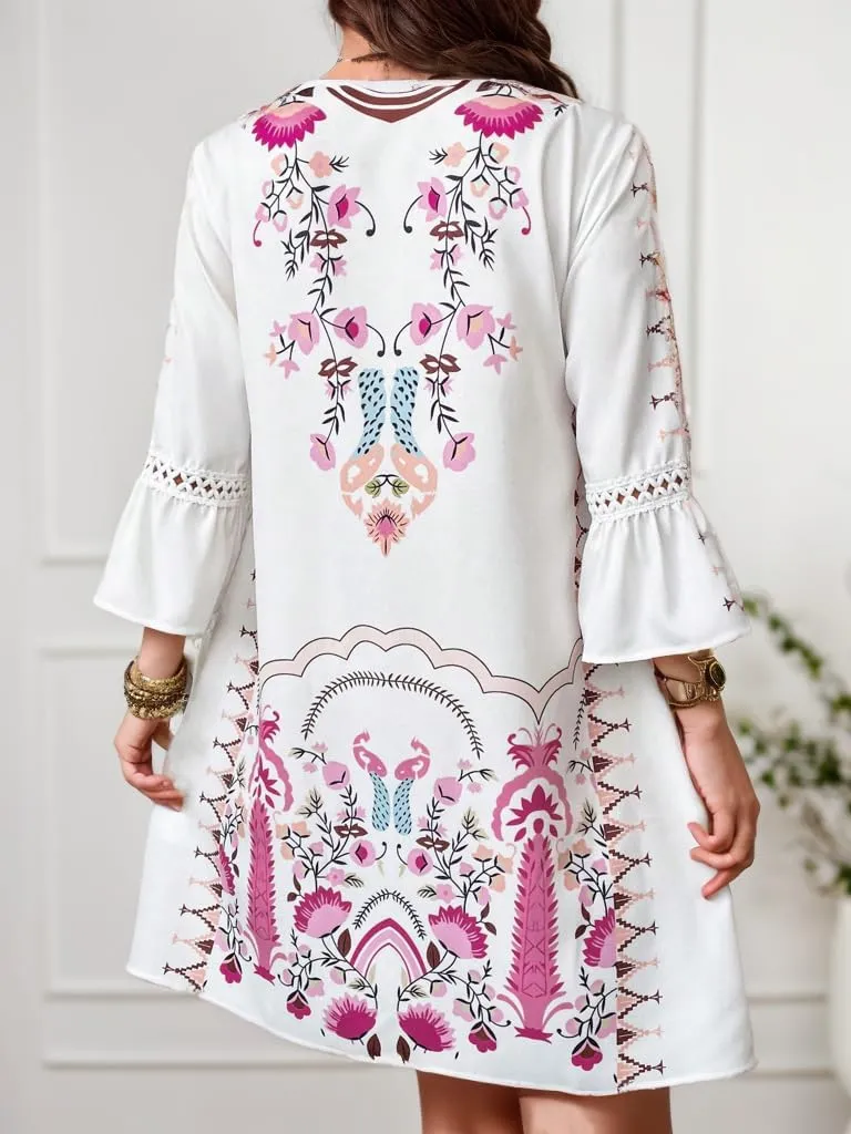 Women's Casual Lace Patchwork V Neck Boho Floral Dress Bell 3/4 Sleeve Loose Tunic Aline Summer Plus Size Midi Dresses