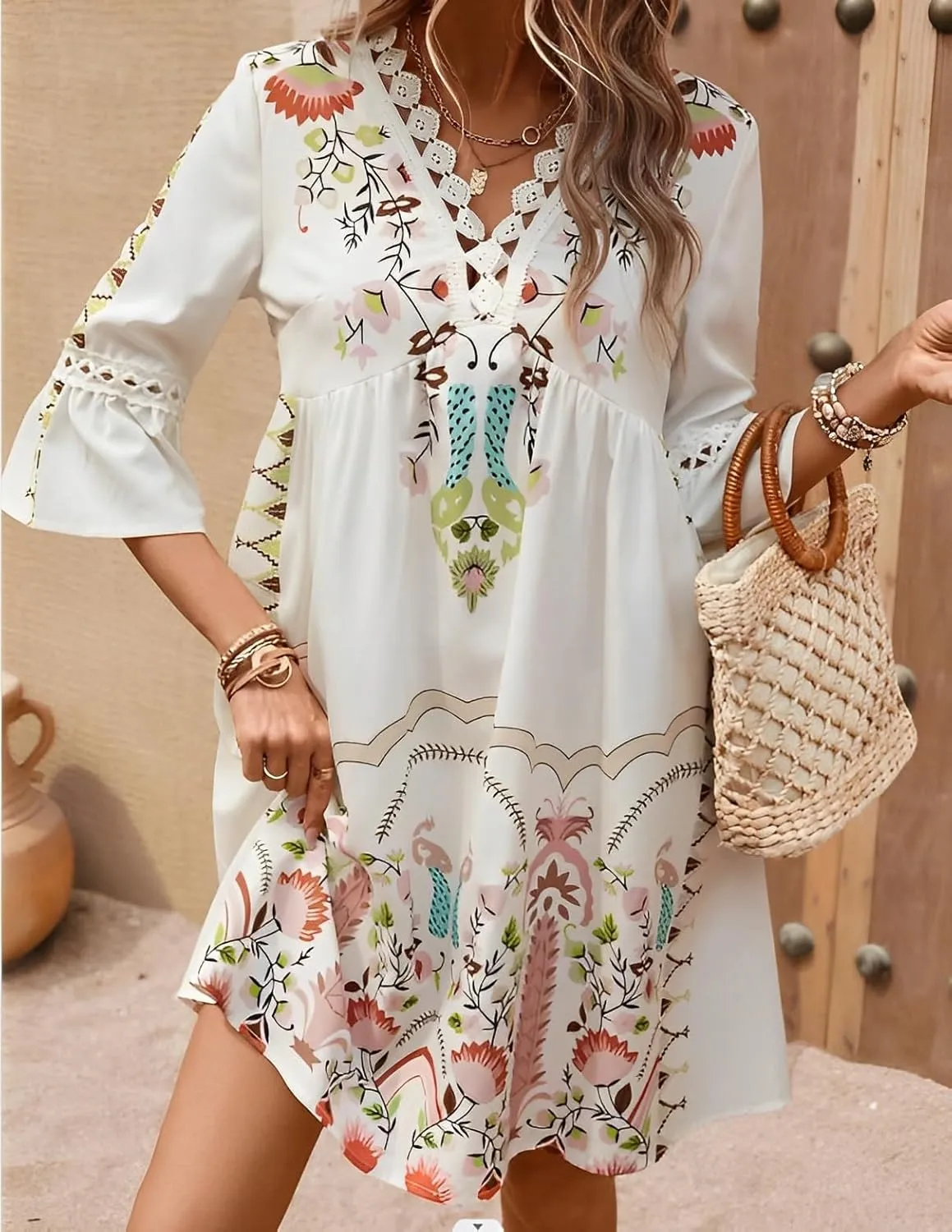 Women's Casual Lace Patchwork V Neck Boho Floral Dress Bell 3/4 Sleeve Loose Tunic Aline Summer Plus Size Midi Dresses