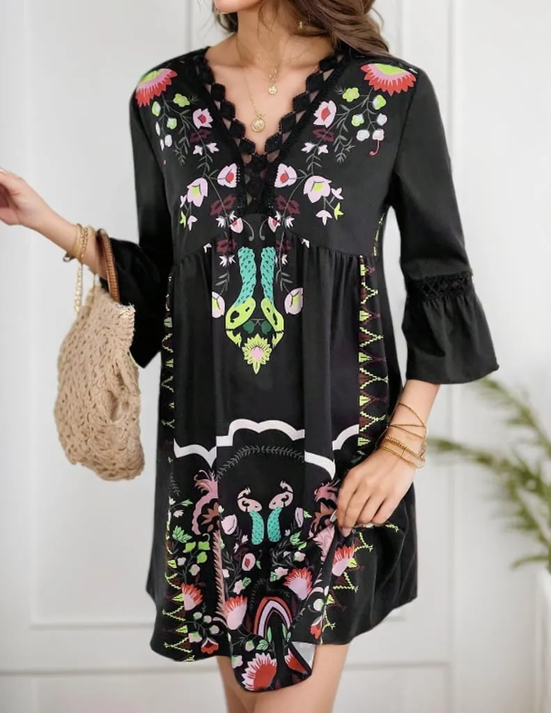 Women's Casual Lace Patchwork V Neck Boho Floral Dress Bell 3/4 Sleeve Loose Tunic Aline Summer Plus Size Midi Dresses