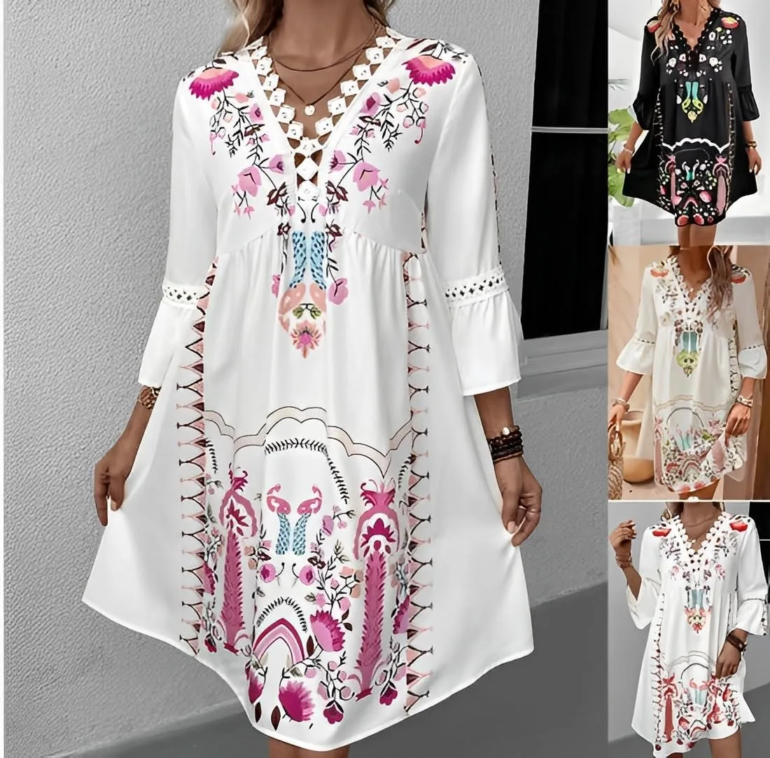 Women's Casual Lace Patchwork V Neck Boho Floral Dress Bell 3/4 Sleeve Loose Tunic Aline Summer Plus Size Midi Dresses