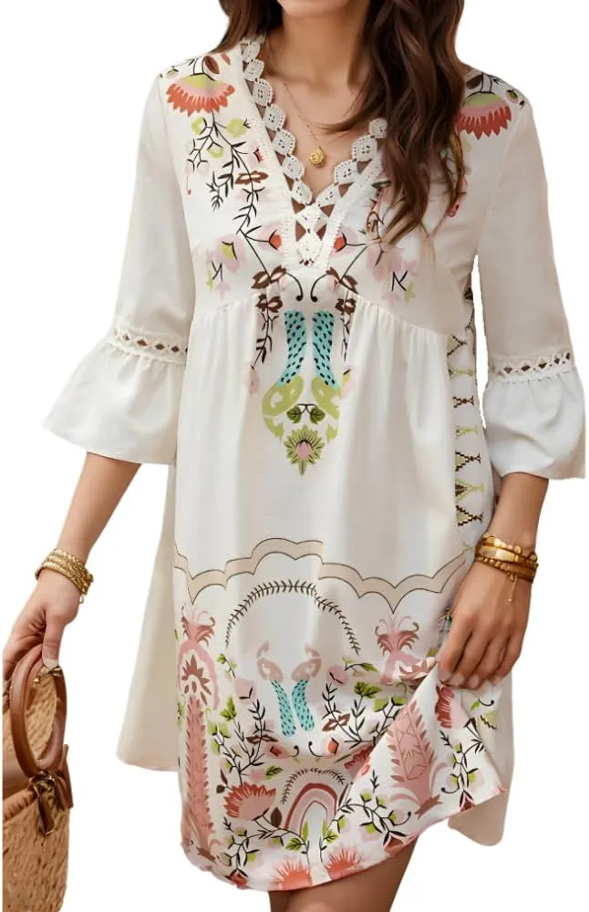 Women's Casual Lace Patchwork V Neck Boho Floral Dress Bell 3/4 Sleeve Loose Tunic Aline Summer Plus Size Midi Dresses