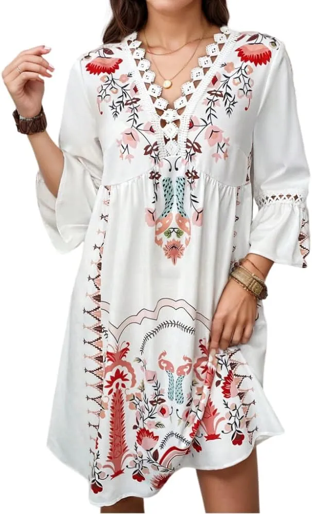 Women's Casual Lace Patchwork V Neck Boho Floral Dress Bell 3/4 Sleeve Loose Tunic Aline Summer Plus Size Midi Dresses