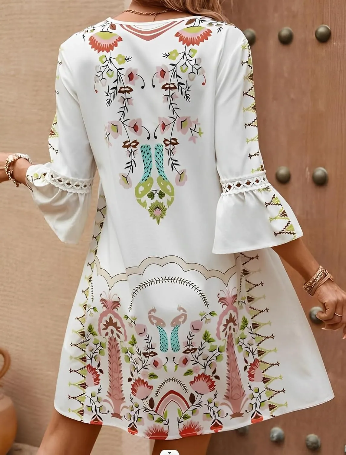 Women's Casual Lace Patchwork V Neck Boho Floral Dress Bell 3/4 Sleeve Loose Tunic Aline Summer Plus Size Midi Dresses