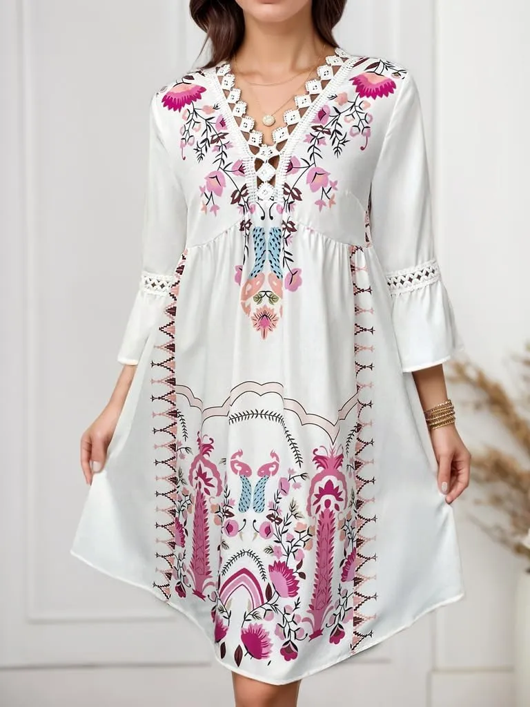 Women's Casual Lace Patchwork V Neck Boho Floral Dress Bell 3/4 Sleeve Loose Tunic Aline Summer Plus Size Midi Dresses