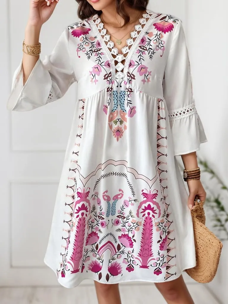 Women's Casual Lace Patchwork V Neck Boho Floral Dress Bell 3/4 Sleeve Loose Tunic Aline Summer Plus Size Midi Dresses