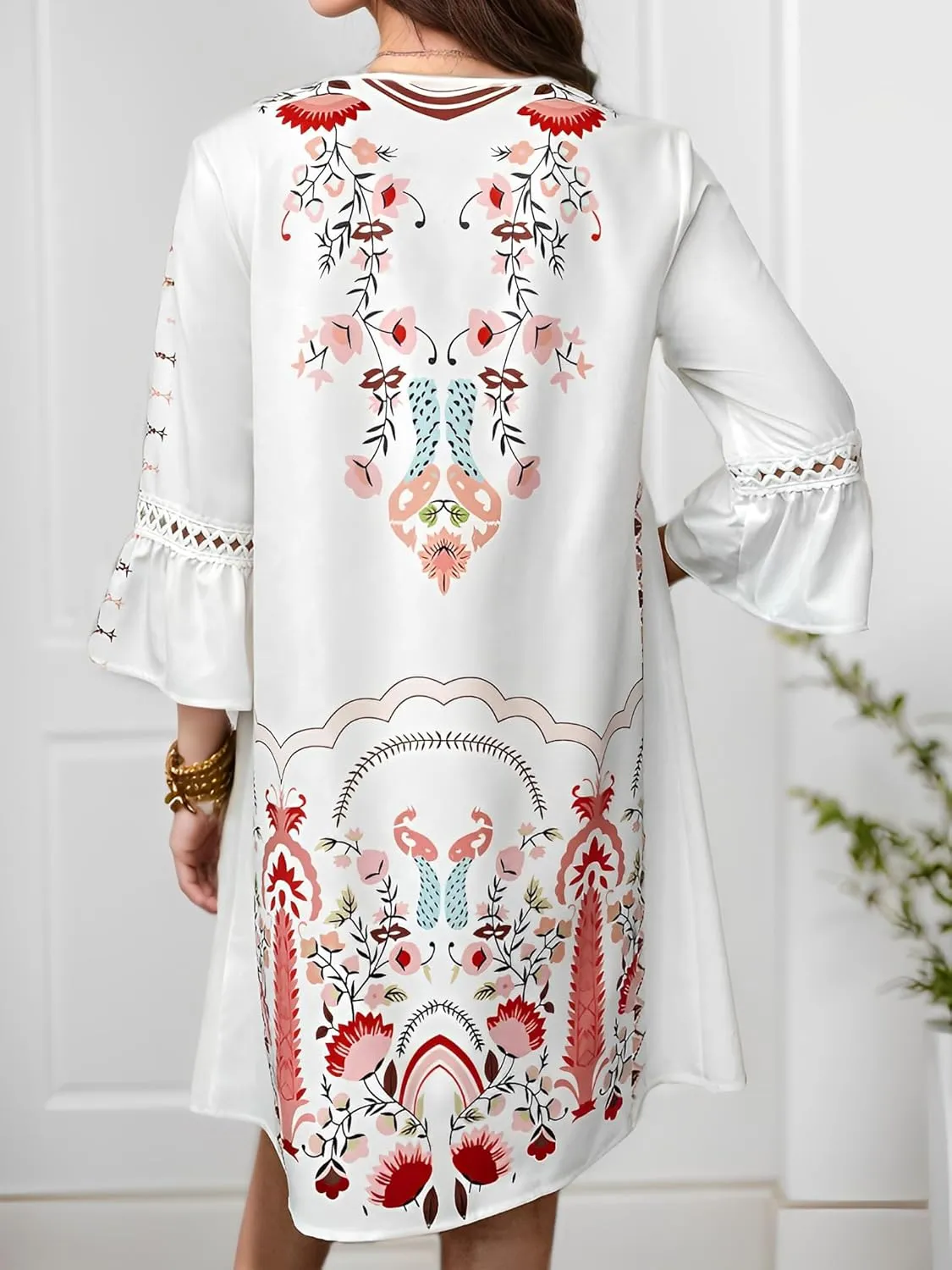 Women's Casual Lace Patchwork V Neck Boho Floral Dress Bell 3/4 Sleeve Loose Tunic Aline Summer Plus Size Midi Dresses