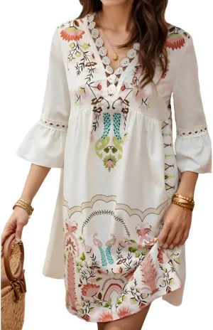 Women's Casual Lace Patchwork V Neck Boho Floral Dress Bell 3/4 Sleeve Loose Tunic Aline Summer Plus Size Midi Dresses