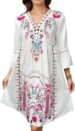Women's Casual Lace Patchwork V Neck Boho Floral Dress Bell 3/4 Sleeve Loose Tunic Aline Summer Plus Size Midi Dresses