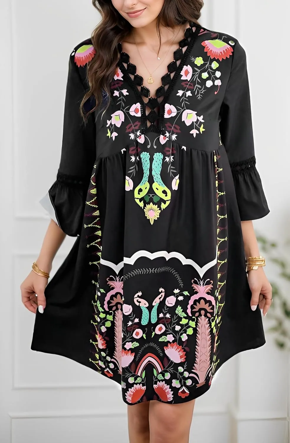 Women's Casual Lace Patchwork V Neck Boho Floral Dress Bell 3/4 Sleeve Loose Tunic Aline Summer Plus Size Midi Dresses