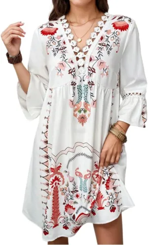 Women's Casual Lace Patchwork V Neck Boho Floral Dress Bell 3/4 Sleeve Loose Tunic Aline Summer Plus Size Midi Dresses