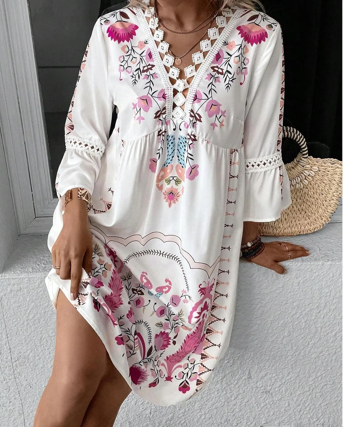 Women's Casual Lace Patchwork V Neck Boho Floral Dress Bell 3/4 Sleeve Loose Tunic Aline Summer Plus Size Midi Dresses