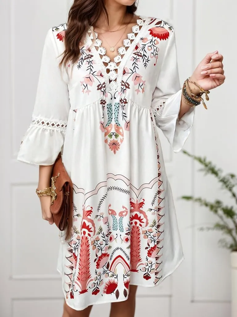 Women's Casual Lace Patchwork V Neck Boho Floral Dress Bell 3/4 Sleeve Loose Tunic Aline Summer Plus Size Midi Dresses