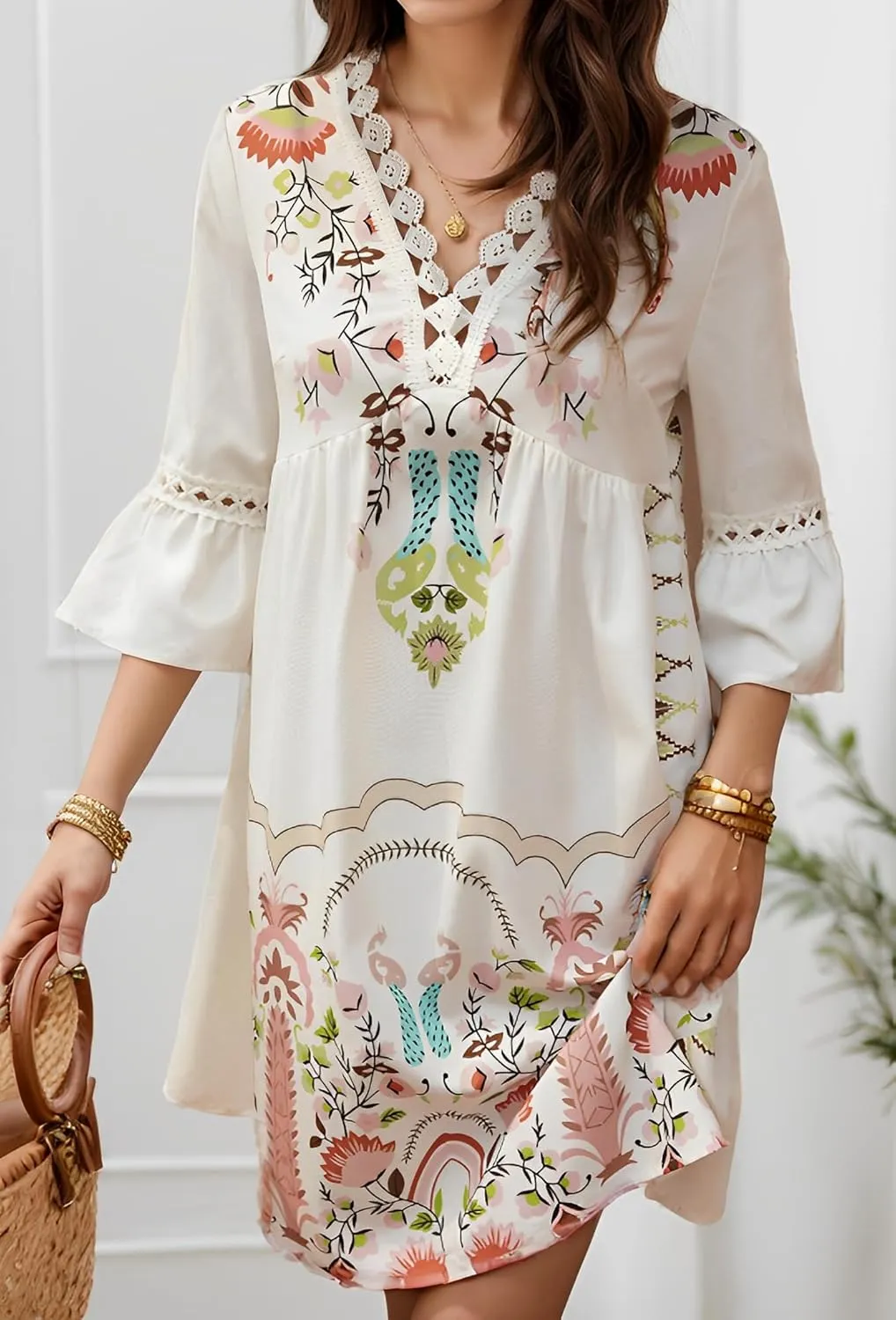 Women's Casual Lace Patchwork V Neck Boho Floral Dress Bell 3/4 Sleeve Loose Tunic Aline Summer Plus Size Midi Dresses